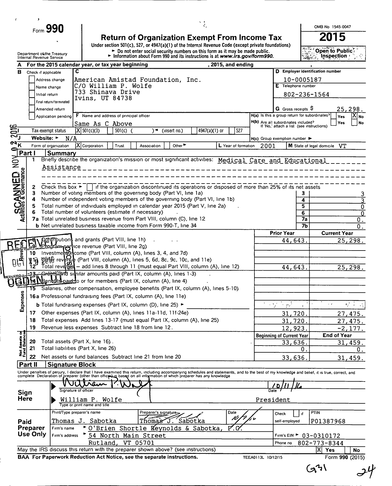 Image of first page of 2015 Form 990 for American Amistad Foundation