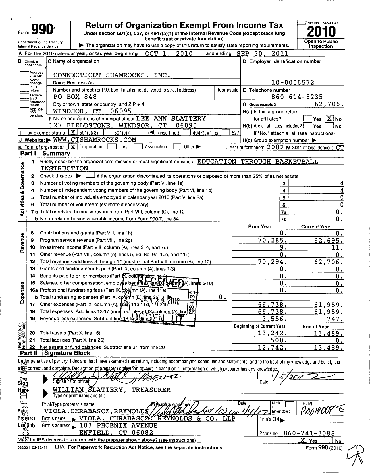 Image of first page of 2010 Form 990 for Connecticut Shamrocks