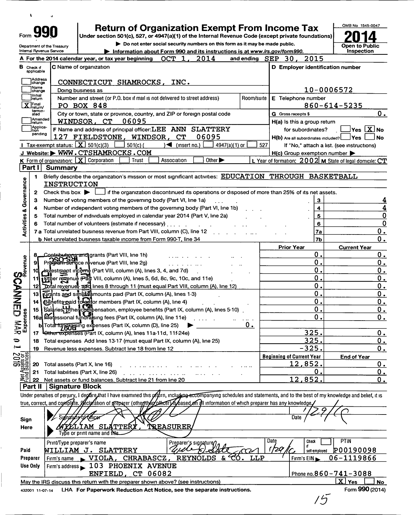 Image of first page of 2014 Form 990 for Connecticut Shamrocks