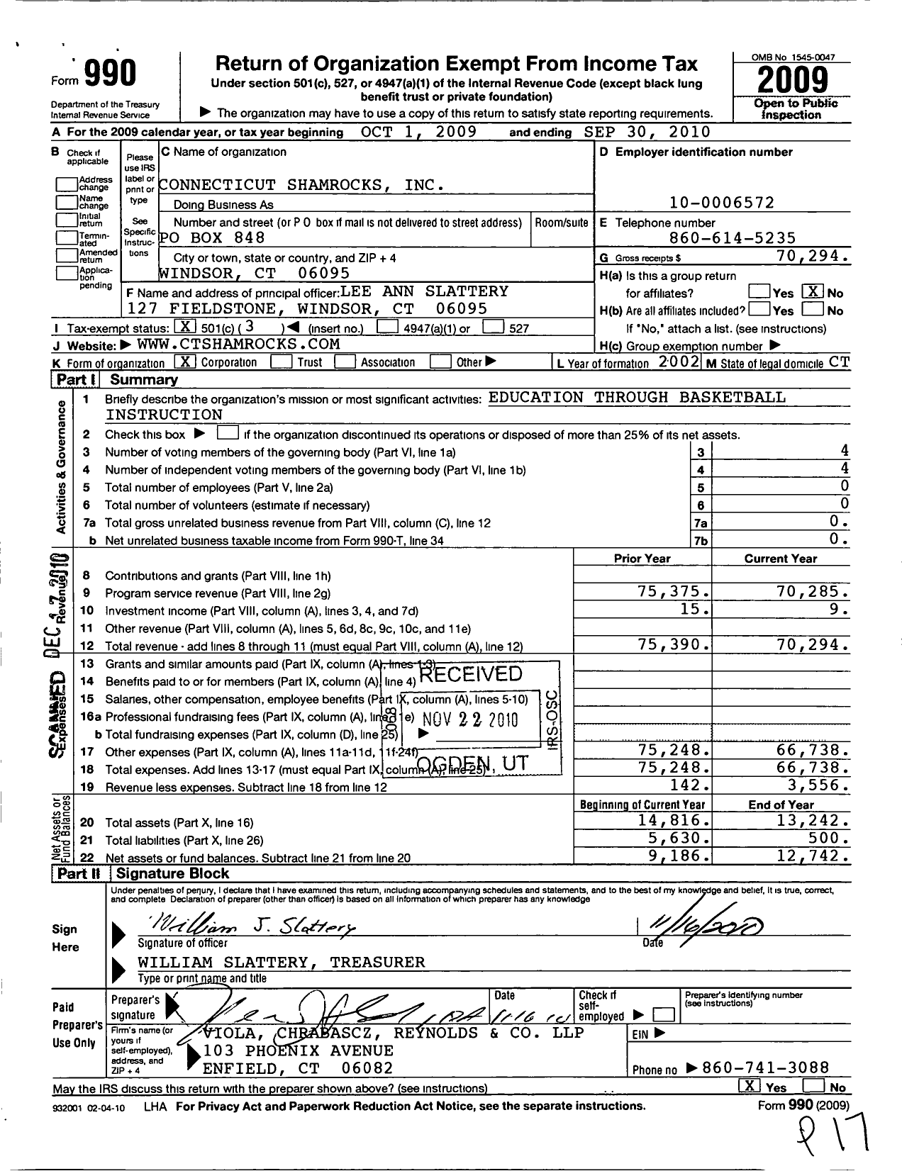 Image of first page of 2009 Form 990 for Connecticut Shamrocks