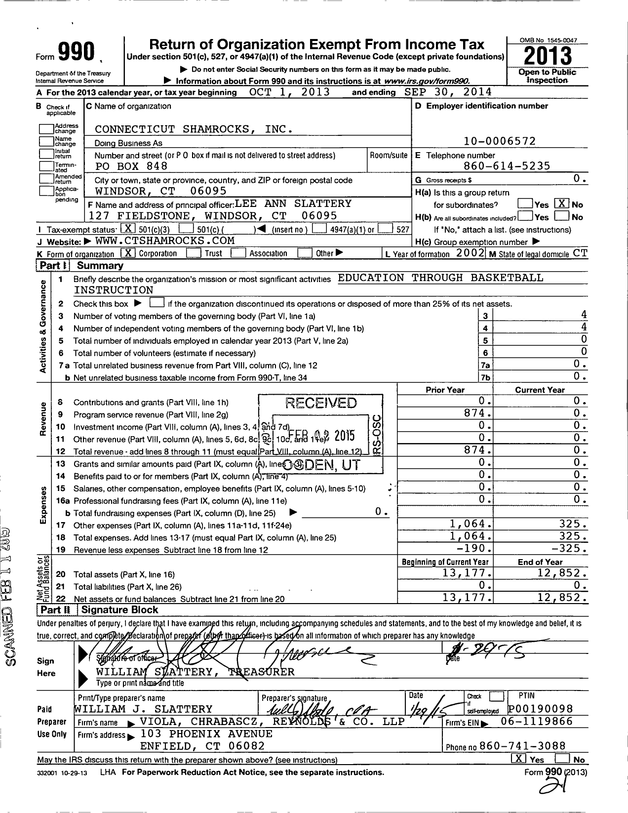 Image of first page of 2013 Form 990 for Connecticut Shamrocks