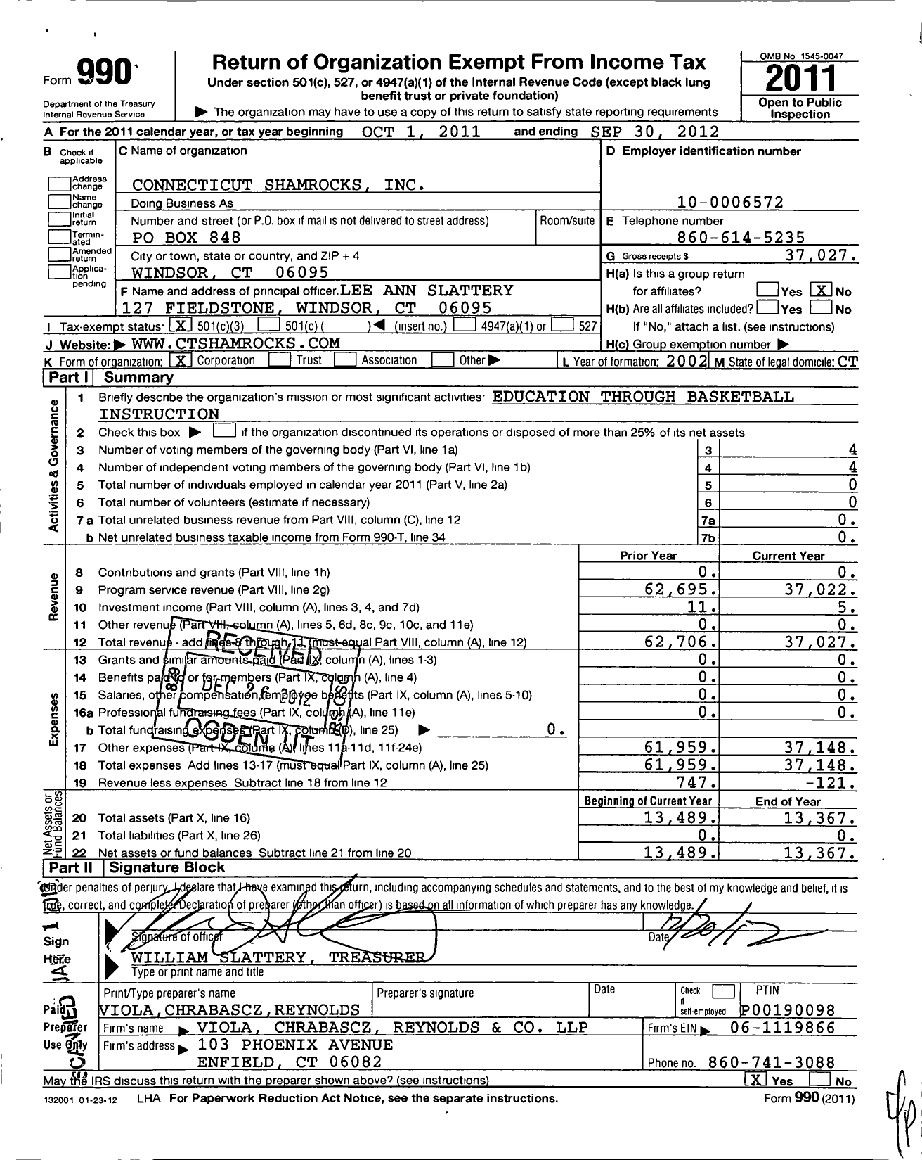 Image of first page of 2011 Form 990 for Connecticut Shamrocks