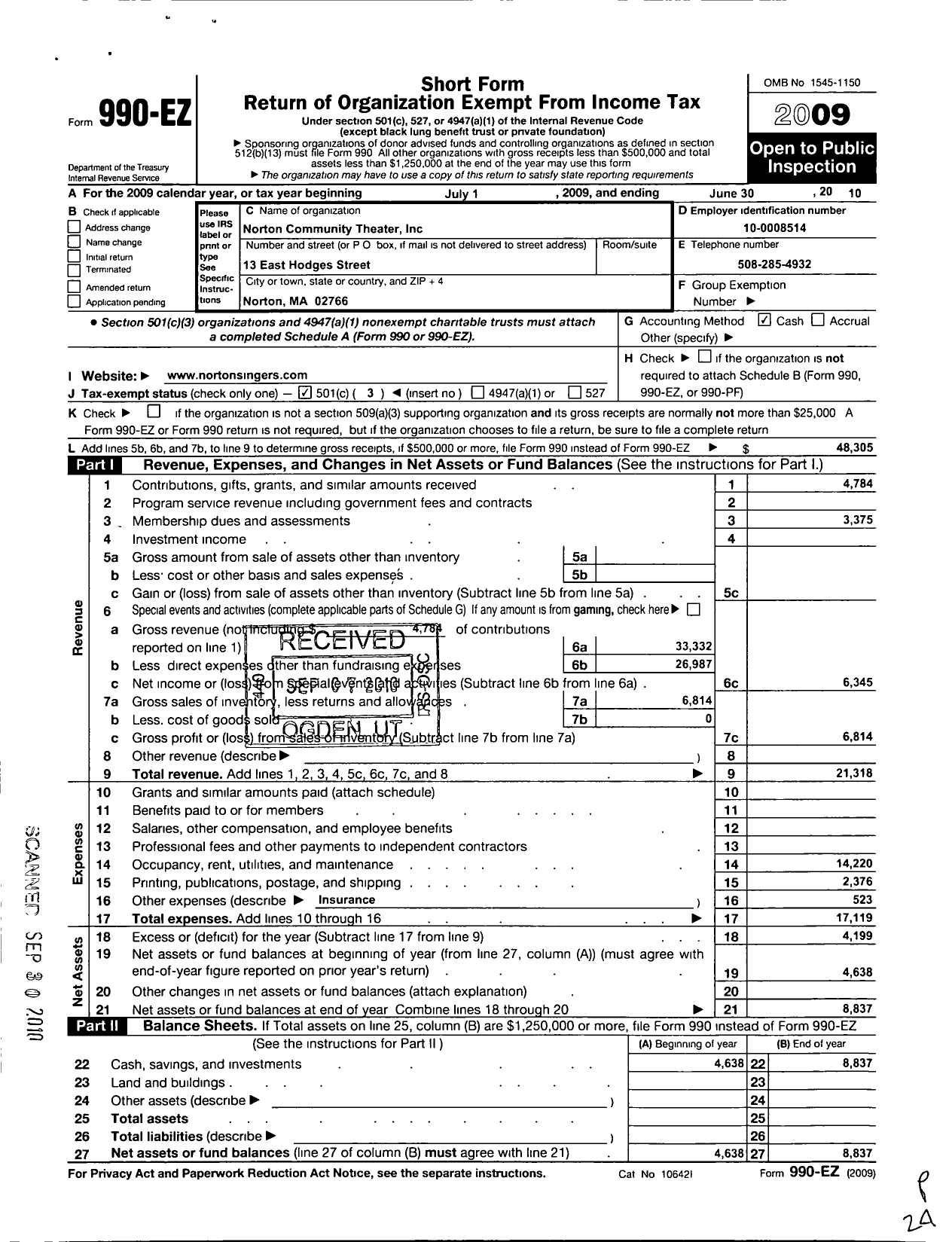 Image of first page of 2009 Form 990EZ for Norton Community Theatre