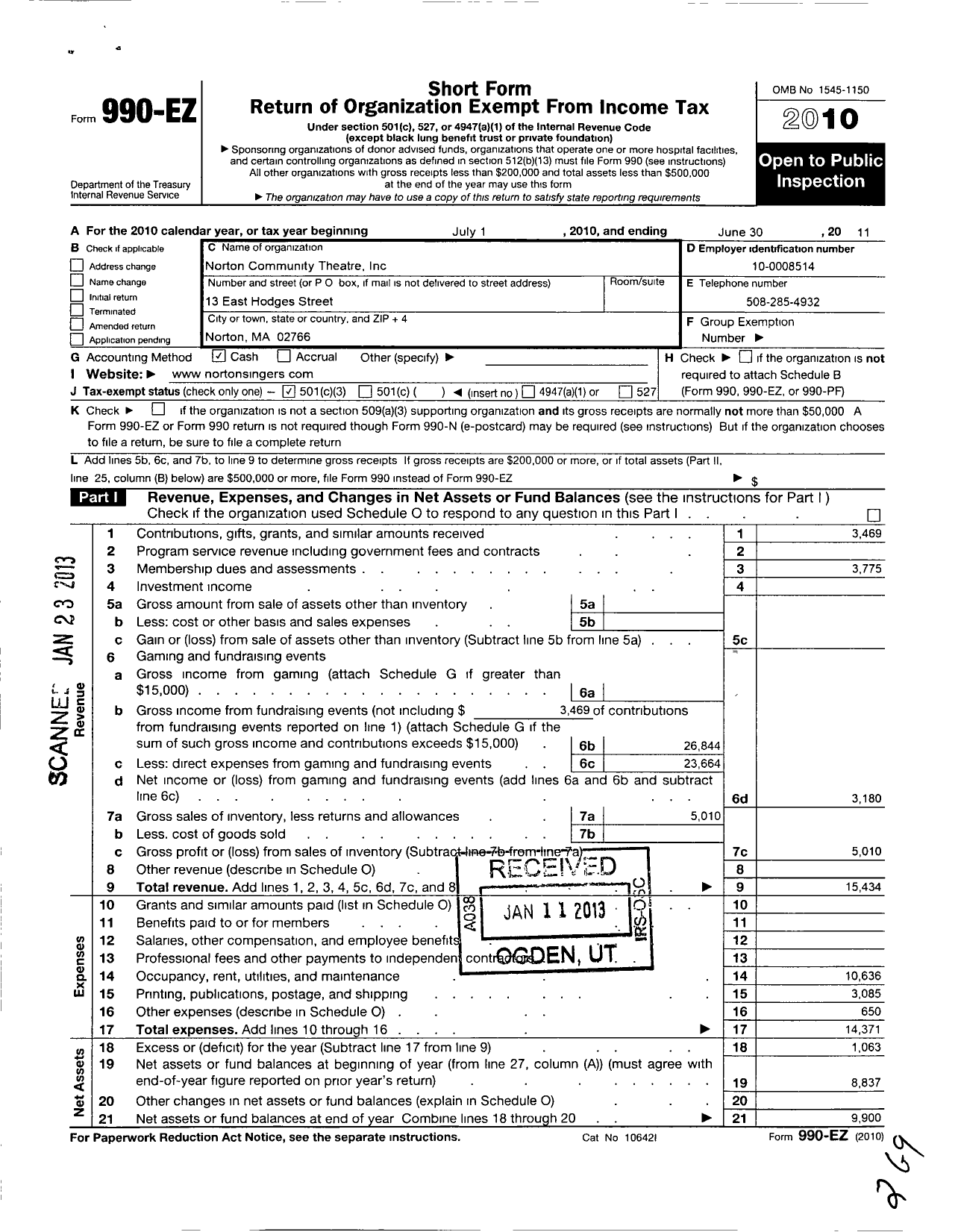 Image of first page of 2010 Form 990EZ for Norton Community Theatre