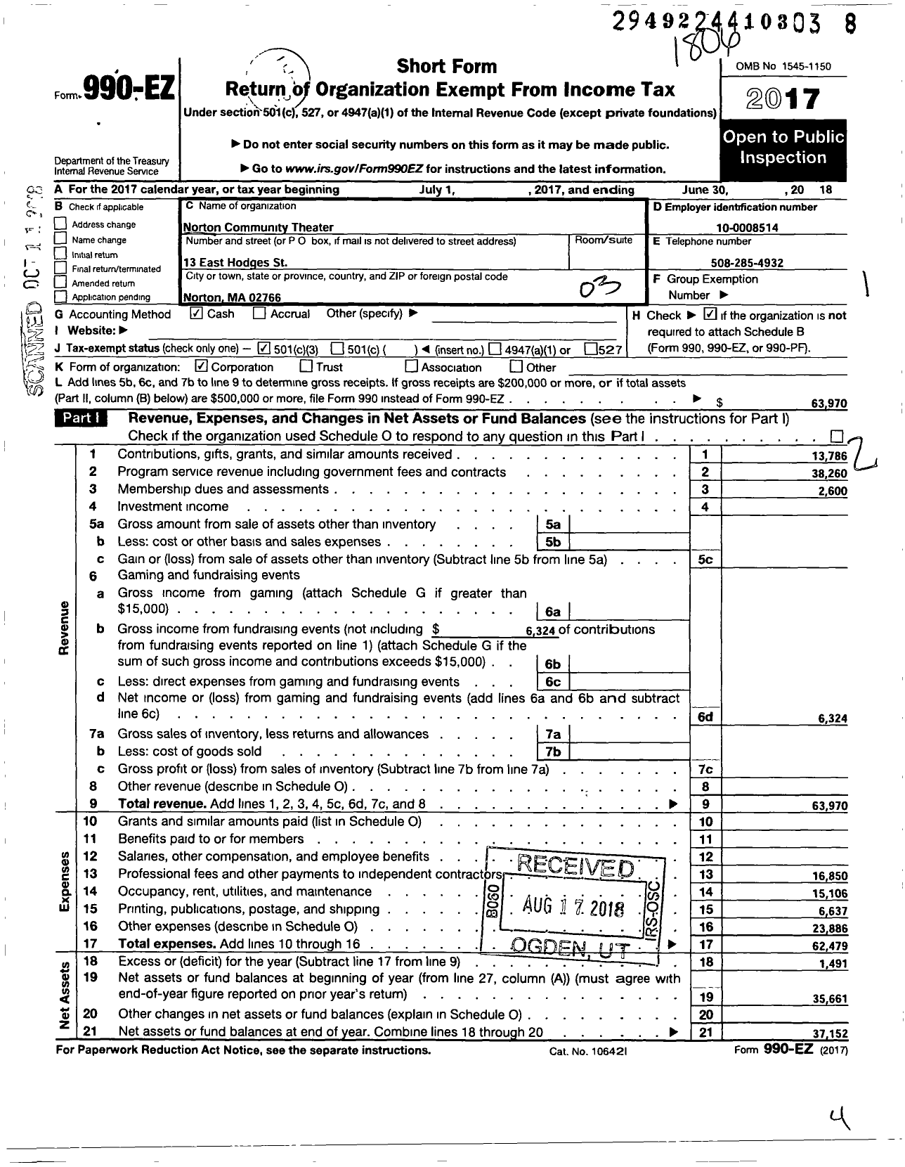 Image of first page of 2017 Form 990EZ for Norton Community Theatre