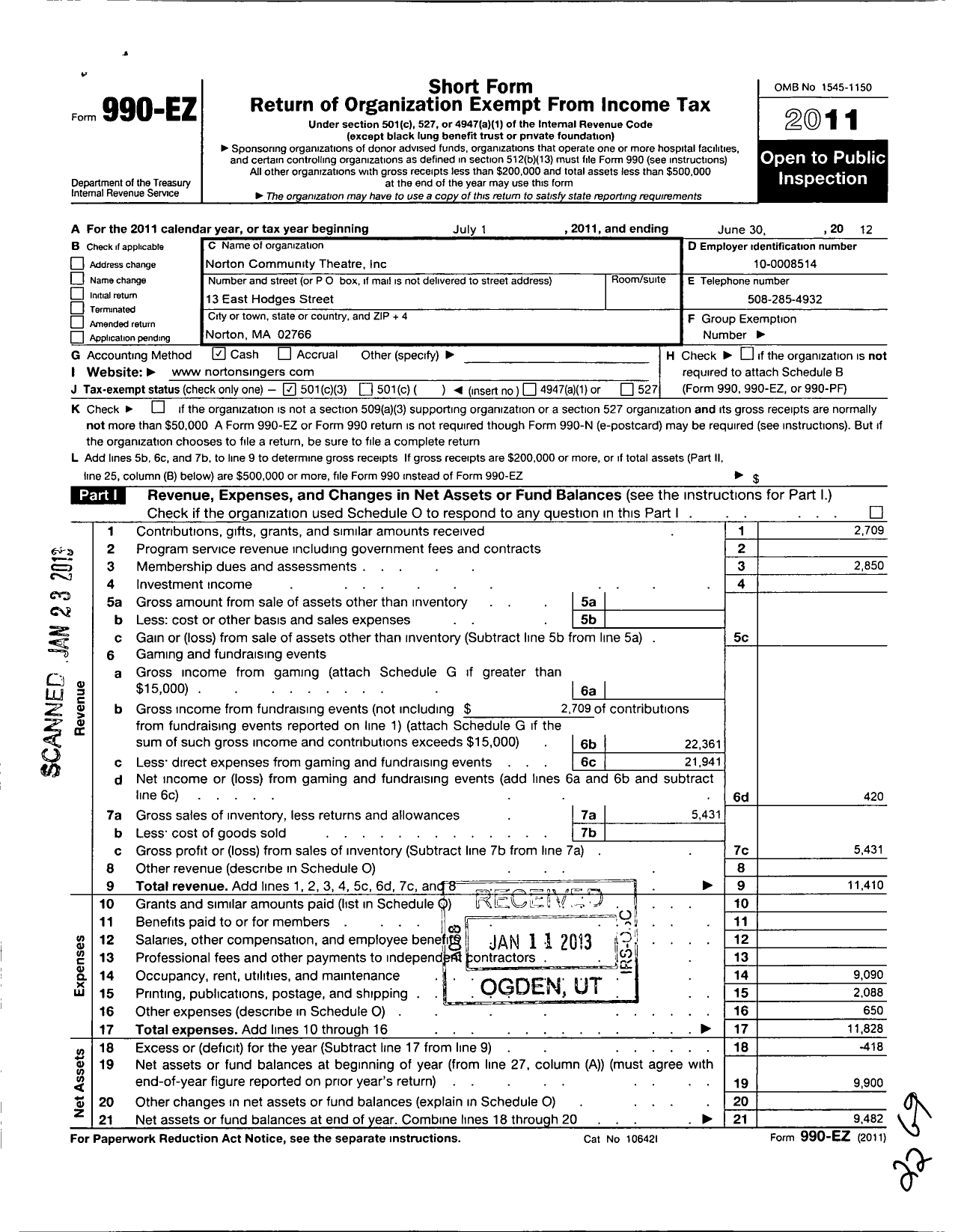 Image of first page of 2011 Form 990EZ for Norton Community Theatre