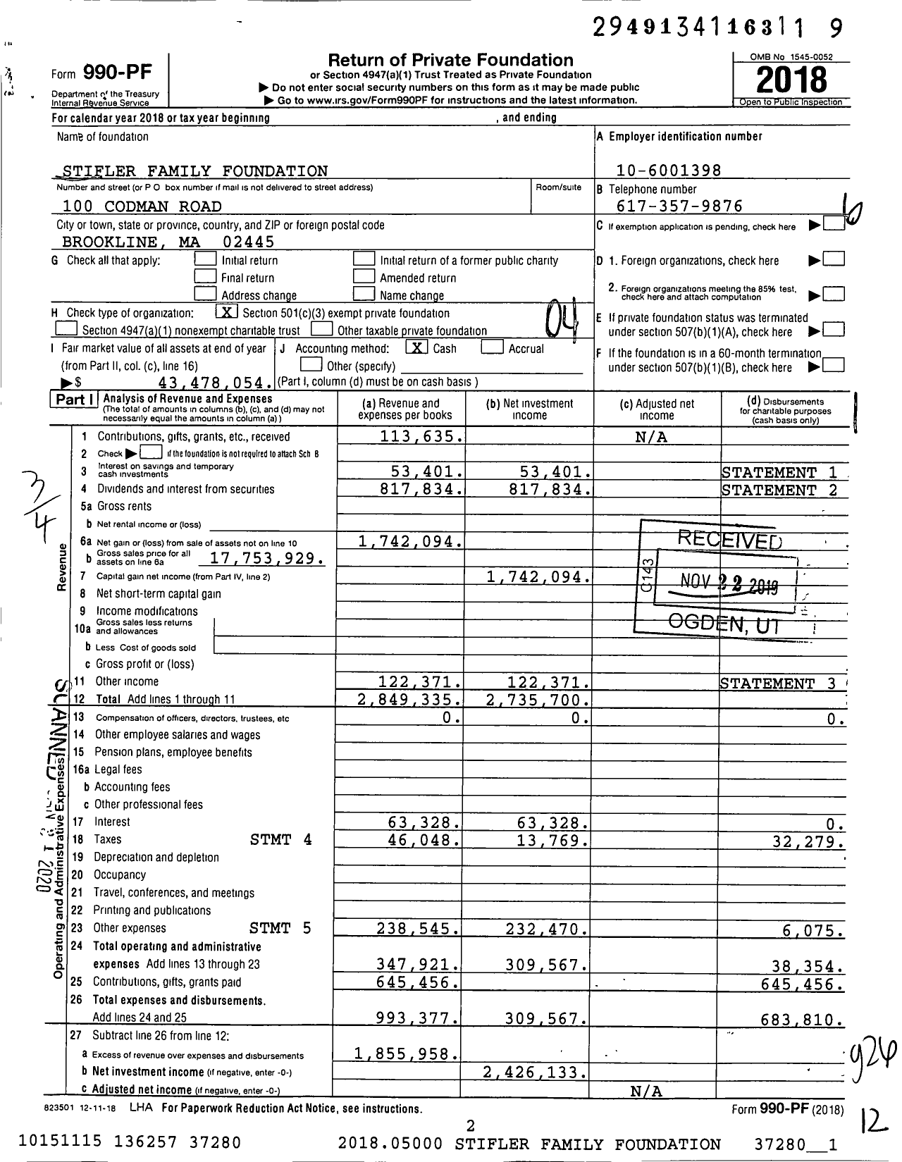 Image of first page of 2018 Form 990PF for Stifler Family Foundation