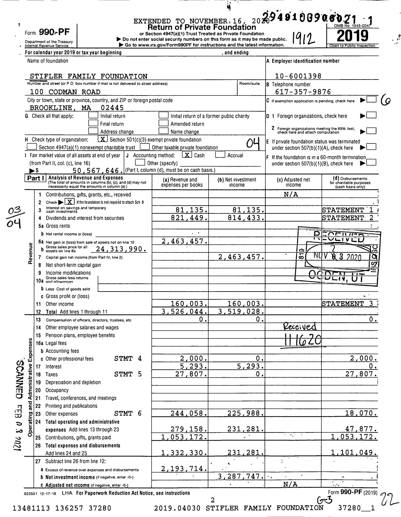 Image of first page of 2019 Form 990PF for Stifler Family Foundation