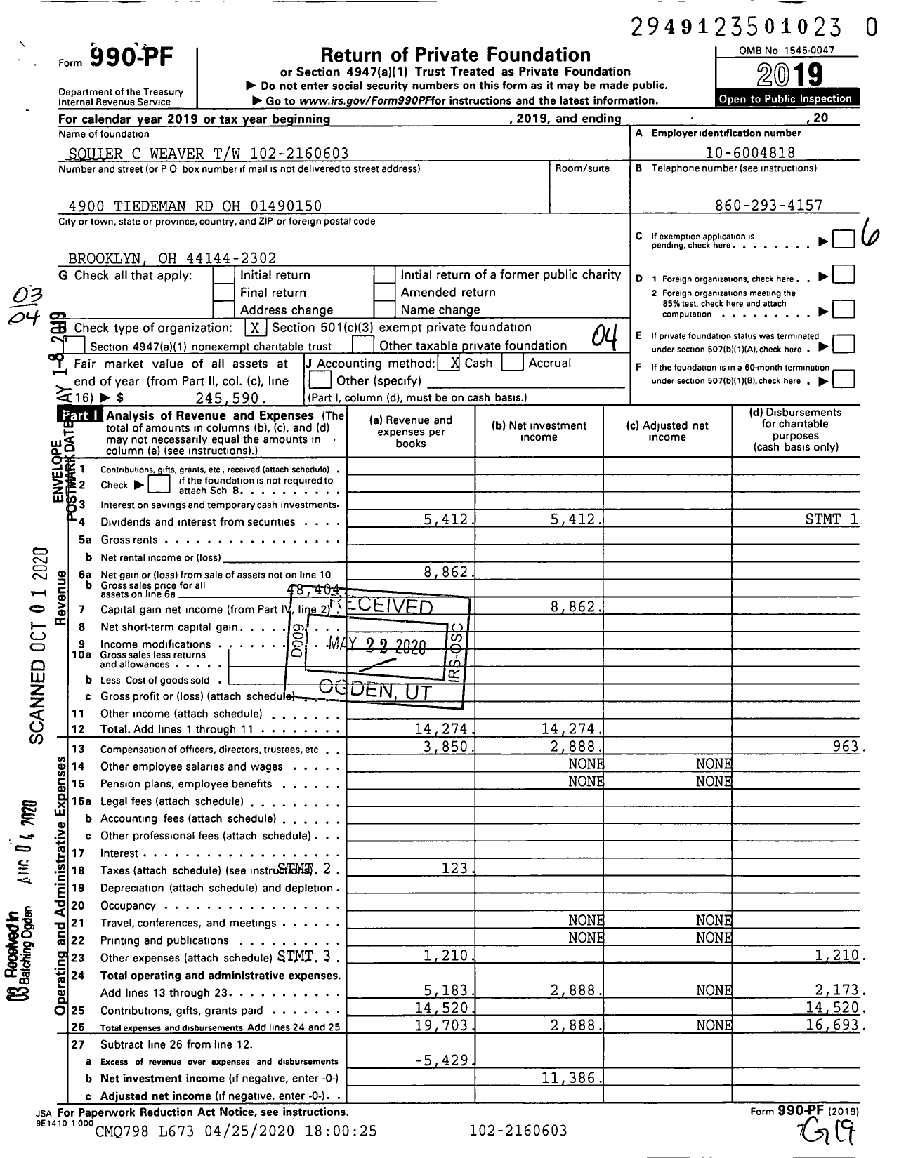 Image of first page of 2019 Form 990PR for Squier C Weaver TW