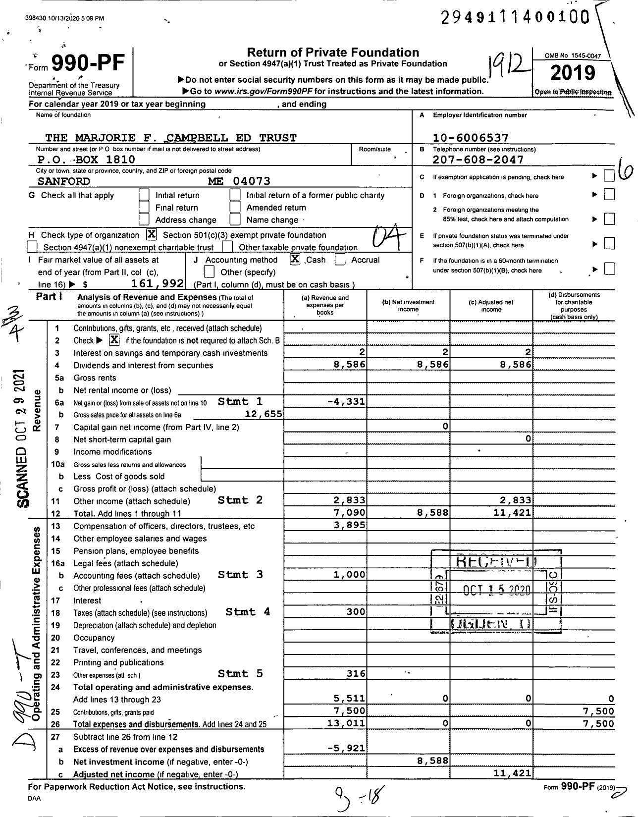 Image of first page of 2019 Form 990PF for Marjorie F Campbell Educational Trust