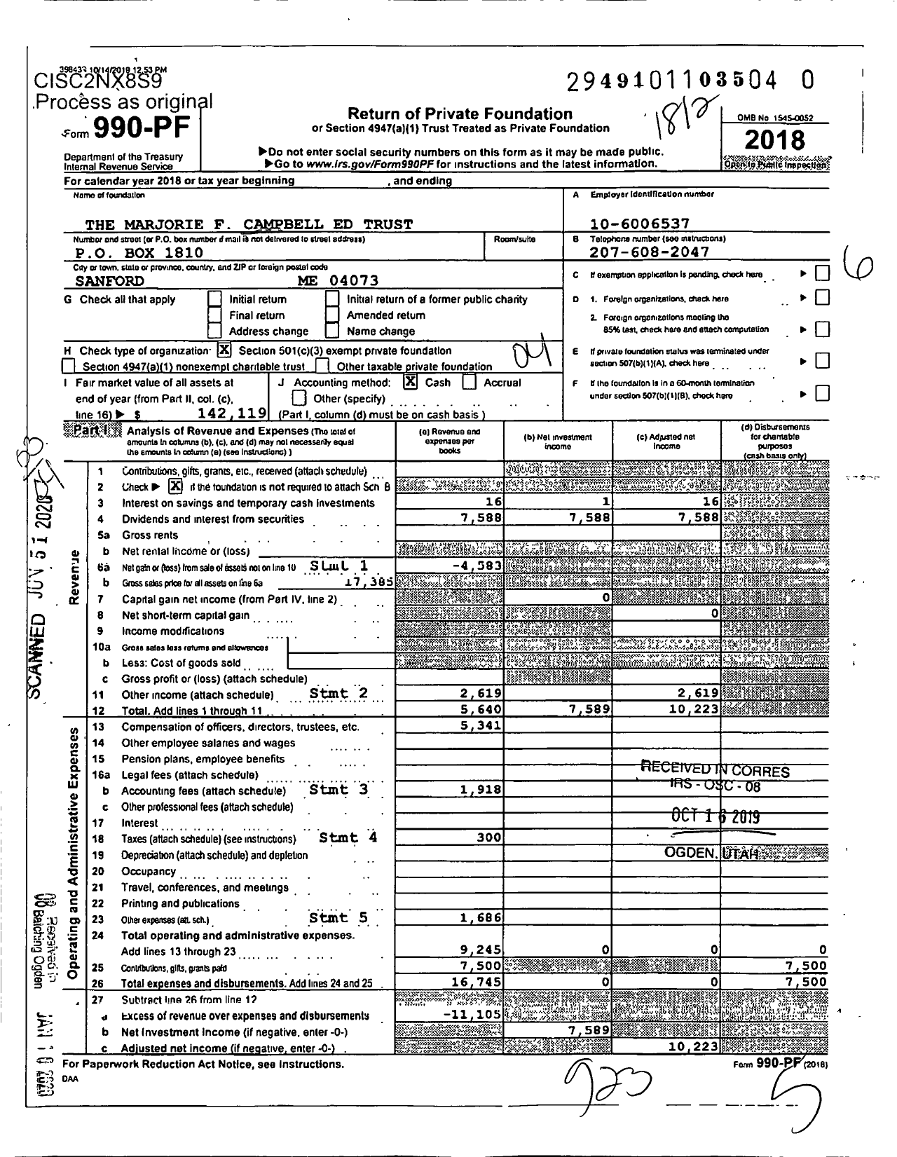 Image of first page of 2018 Form 990PR for Marjorie F Campbell Educational Trust