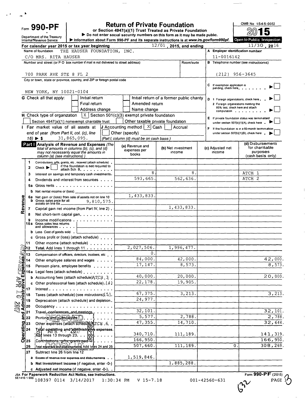 Image of first page of 2015 Form 990PF for The Hauser Foundation