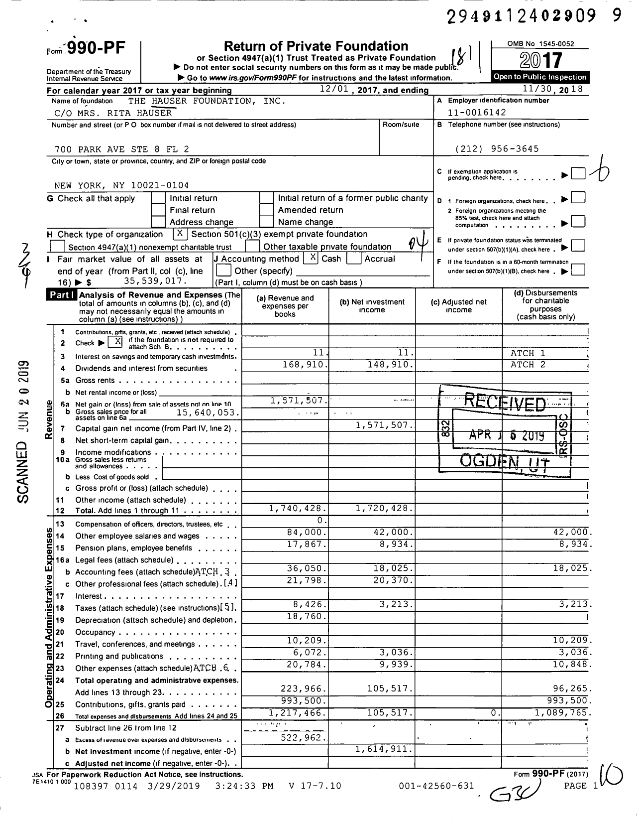 Image of first page of 2017 Form 990PF for The Hauser Foundation
