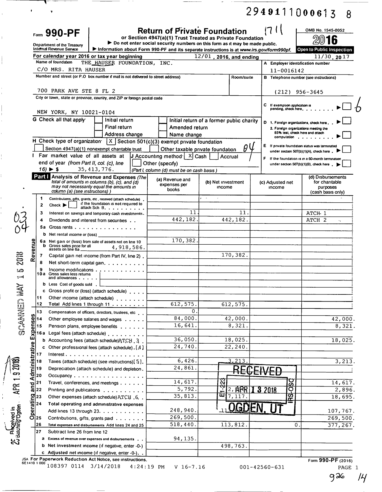 Image of first page of 2016 Form 990PF for The Hauser Foundation