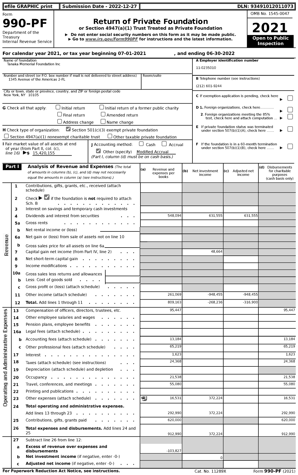 Image of first page of 2021 Form 990PF for Tanaka Memorial Foundation