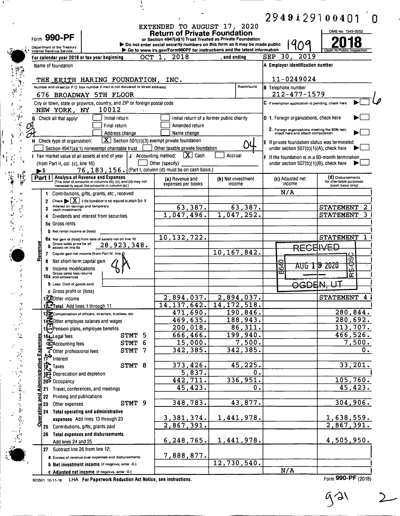 Image of first page of 2018 Form 990PF for The Keith Haring Foundation