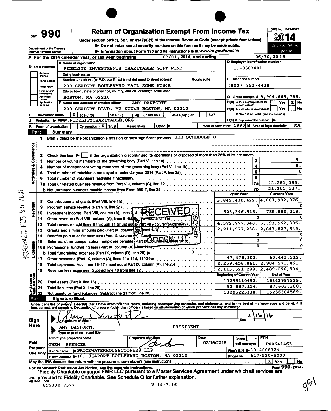 Image of first page of 2014 Form 990 for Fidelity Investments Charitable Gift Fund