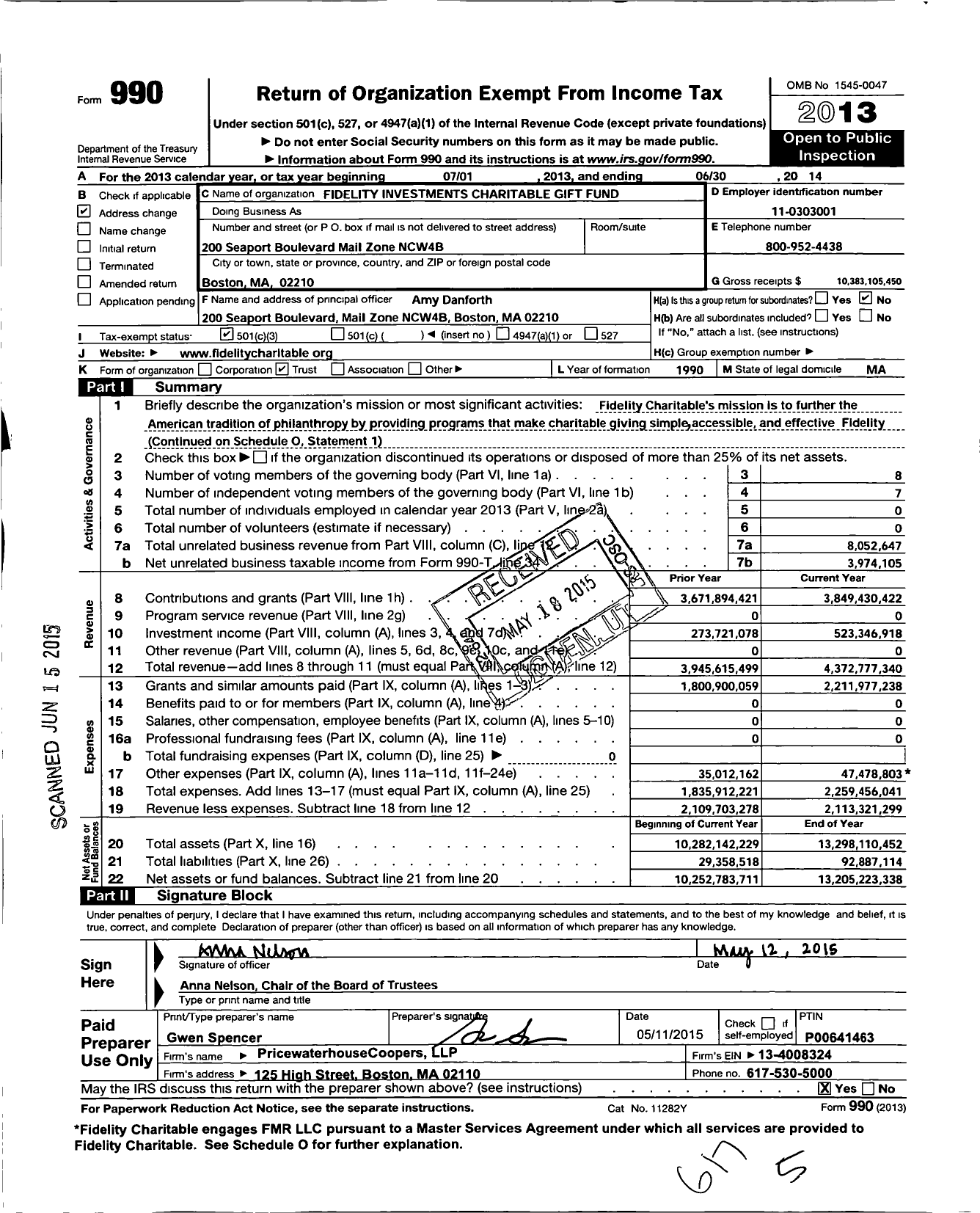 Image of first page of 2013 Form 990 for Fidelity Investments Charitable Gift Fund