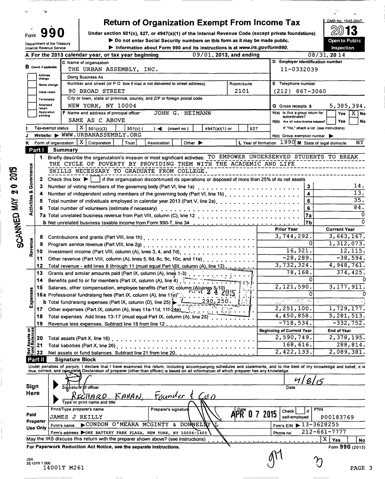 Image of first page of 2013 Form 990 for The Urban Assembly