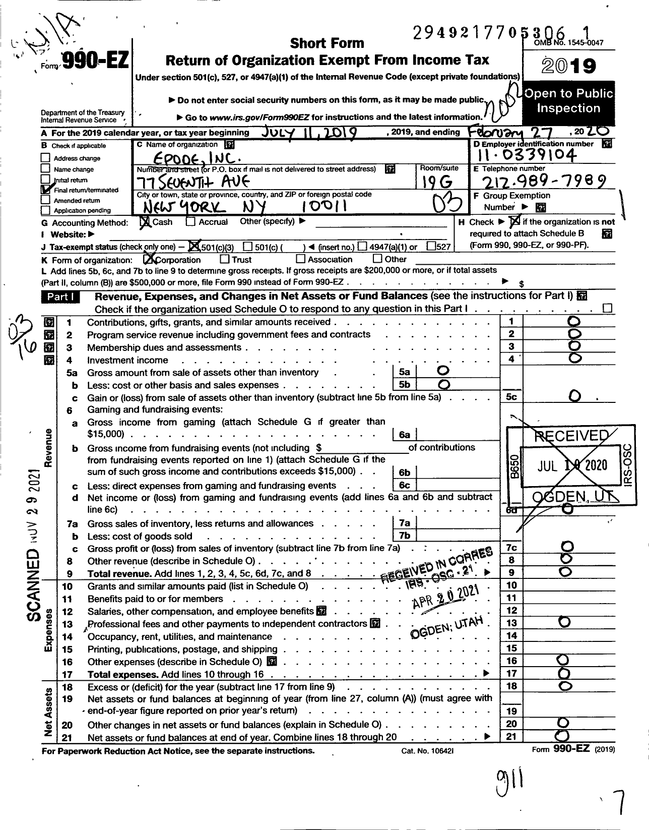 Image of first page of 2019 Form 990EZ for Epode