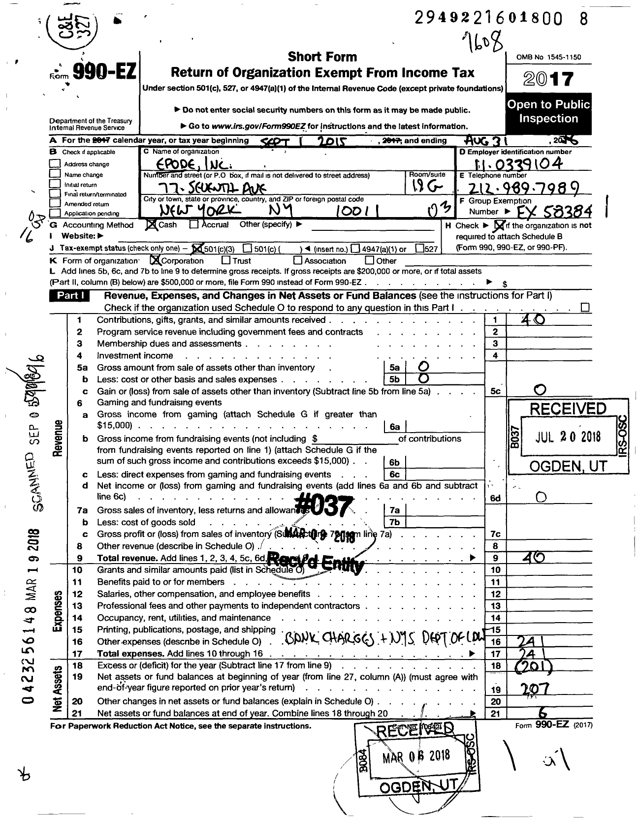 Image of first page of 2015 Form 990EZ for Epode