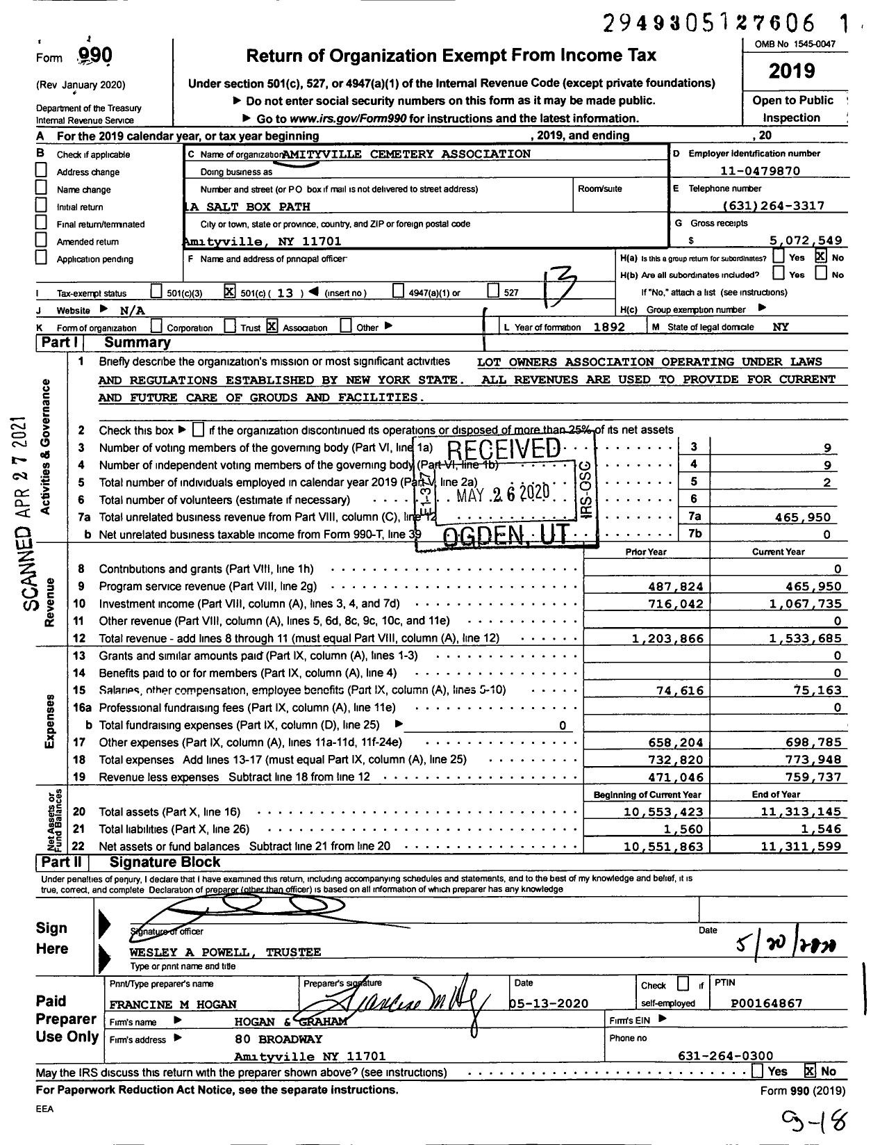 Image of first page of 2019 Form 990O for Amityville Cemetery Association