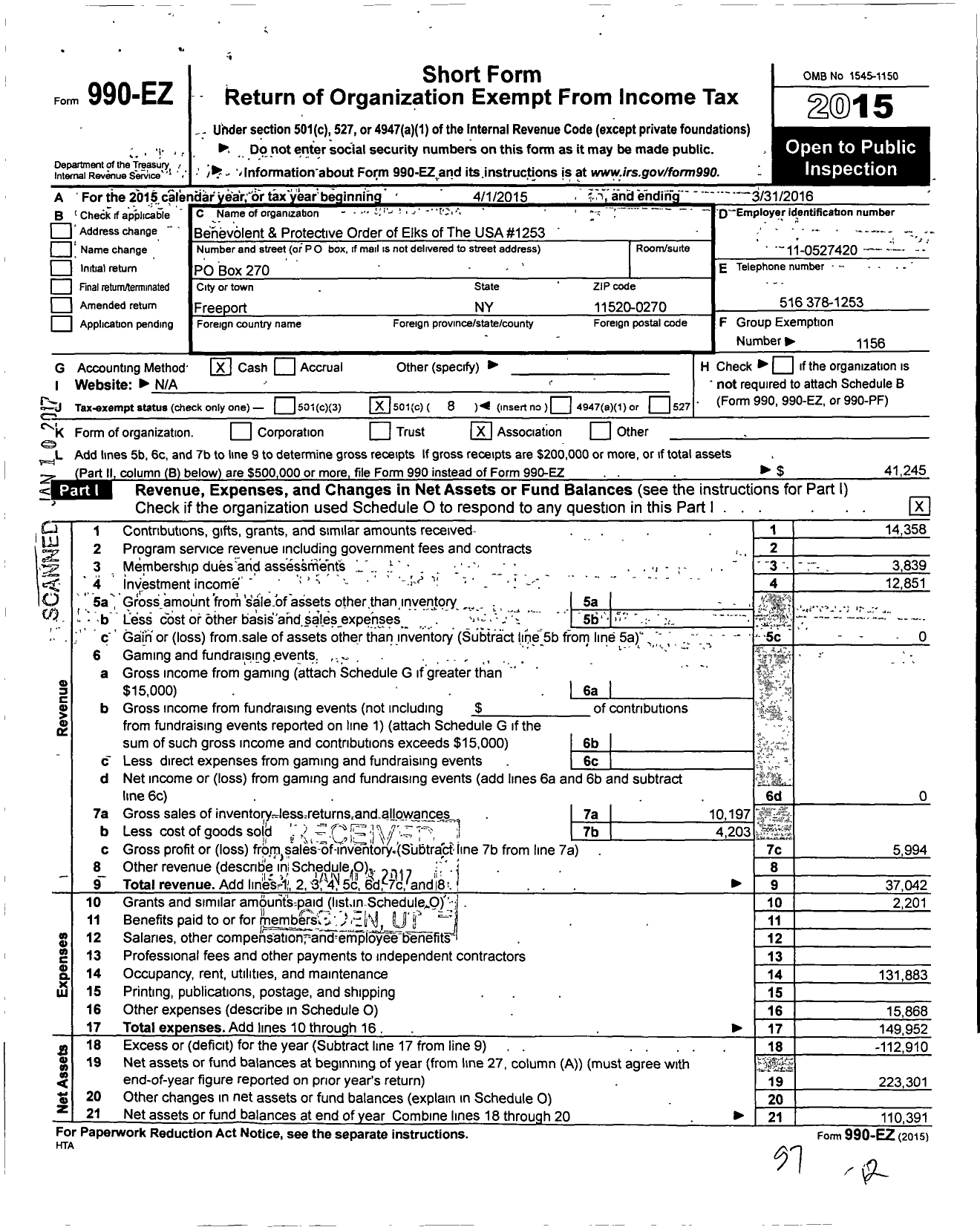 Image of first page of 2015 Form 990EO for Benevolent and Protective Order of Elks - 1253 Freeport Baldwin