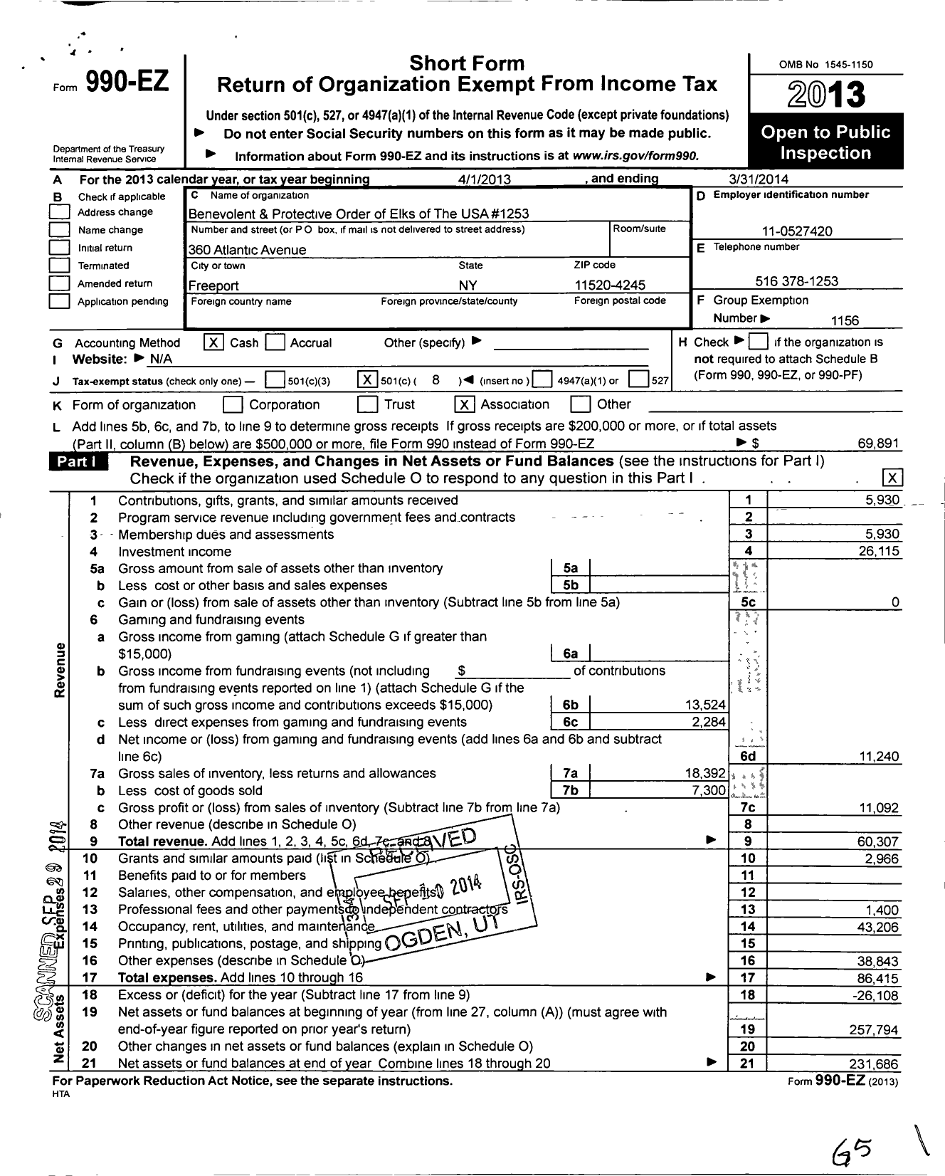 Image of first page of 2013 Form 990EO for Benevolent and Protective Order of Elks - 1253 Freeport Baldwin