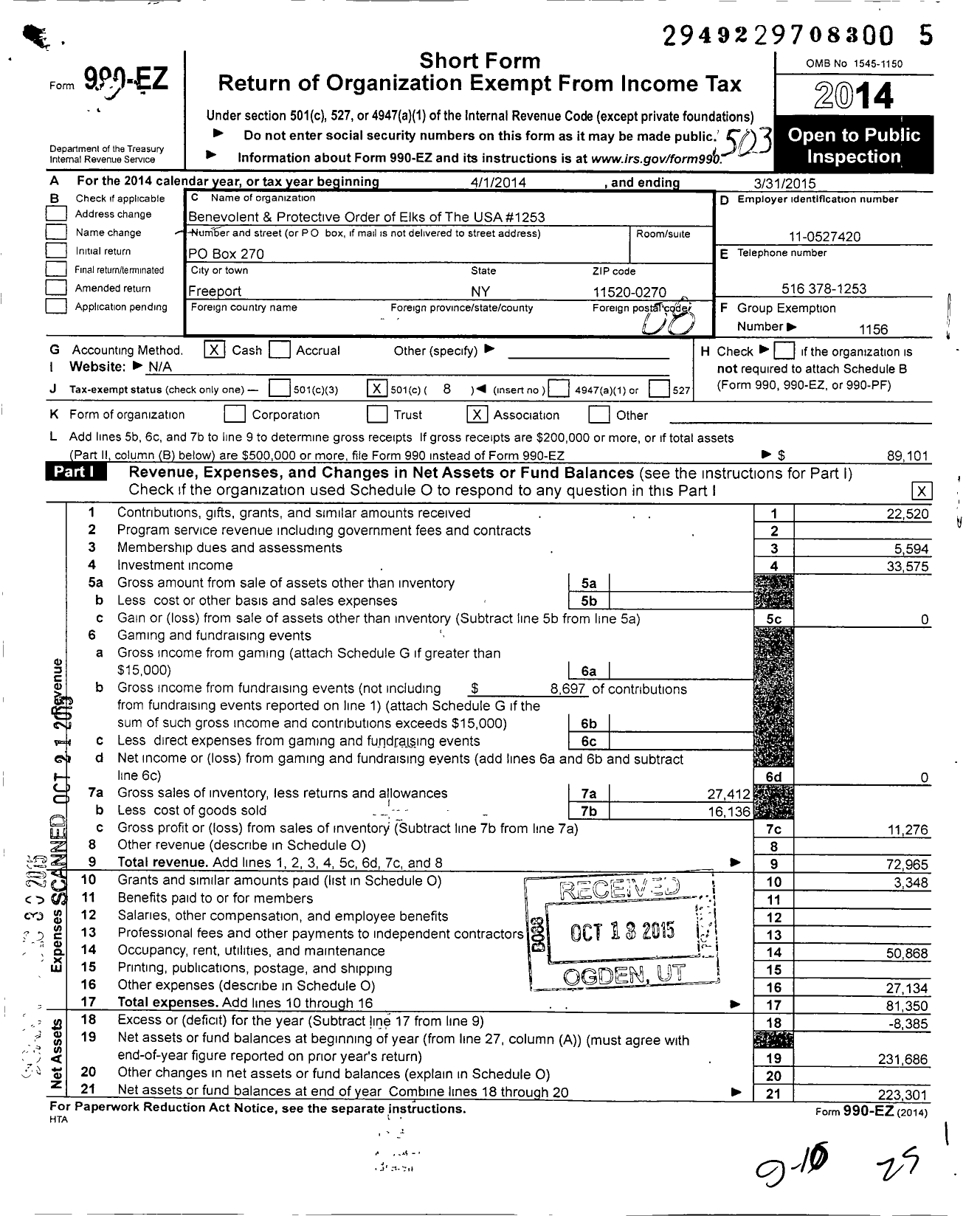 Image of first page of 2014 Form 990EO for Benevolent and Protective Order of Elks - 1253 Freeport Baldwin