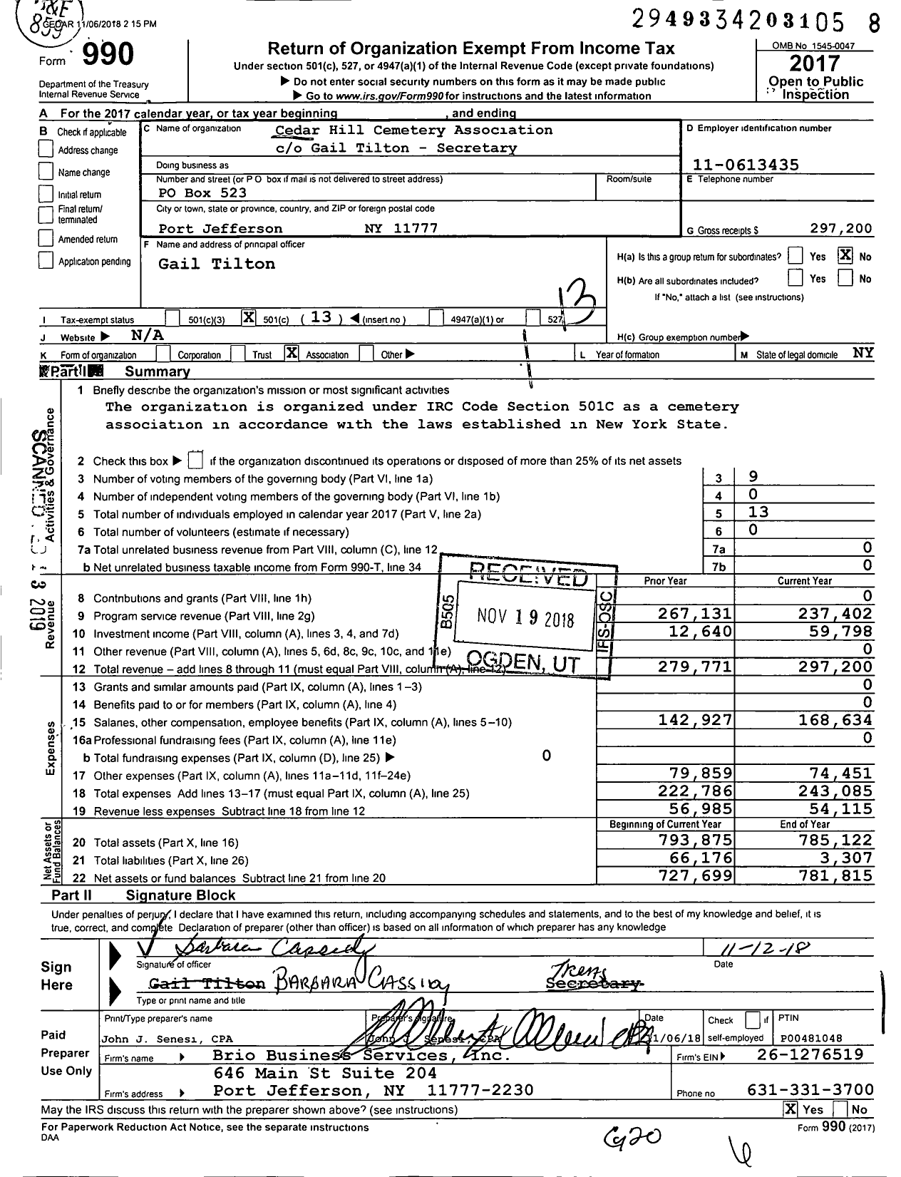 Image of first page of 2017 Form 990O for Cedar Hill Cemetery Association