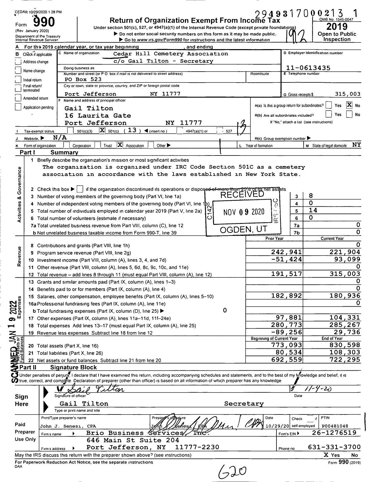 Image of first page of 2019 Form 990O for Cedar Hill Cemetery Association