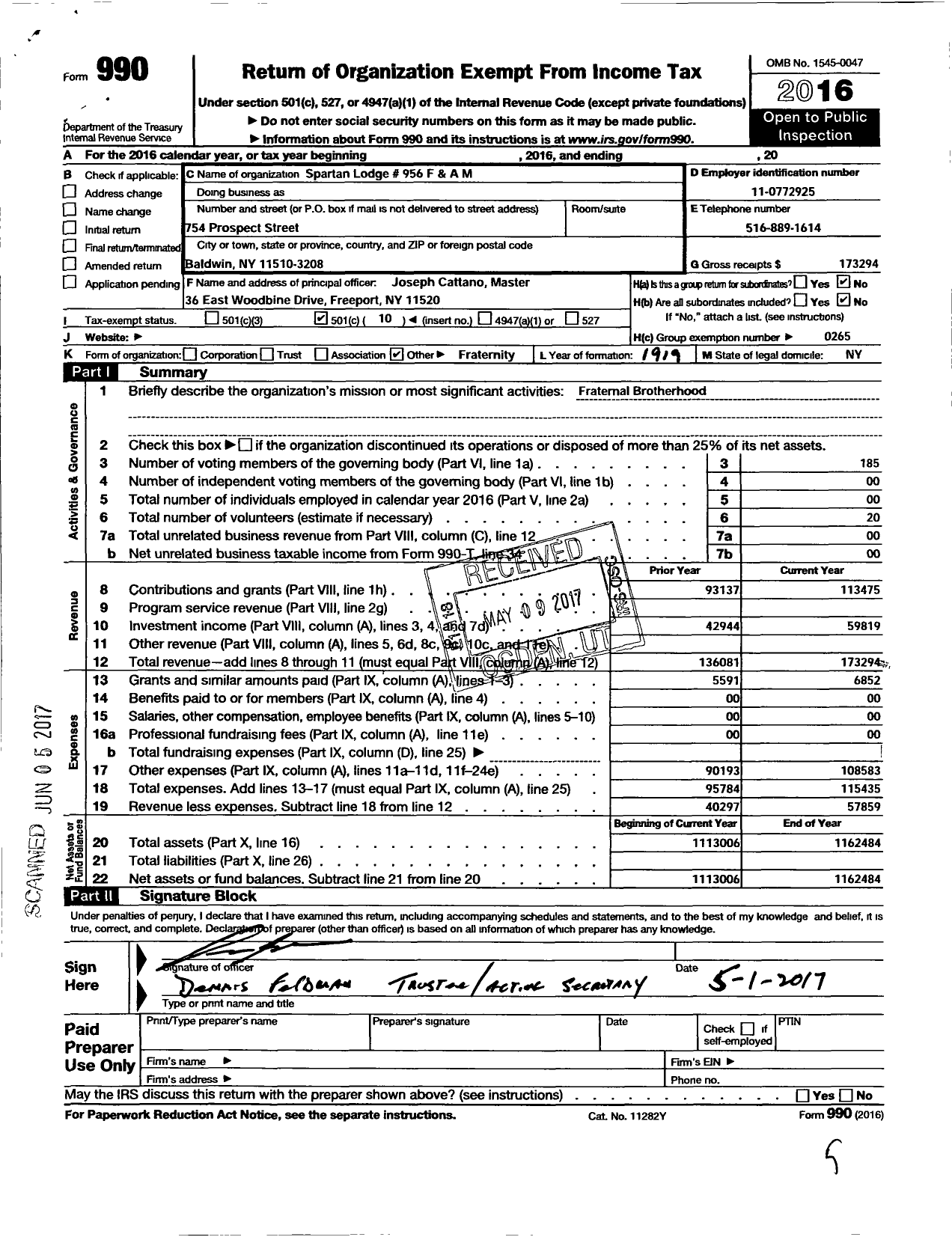 Image of first page of 2016 Form 990O for Free and Accepted Masons of New York - 956 Spartan Lodge