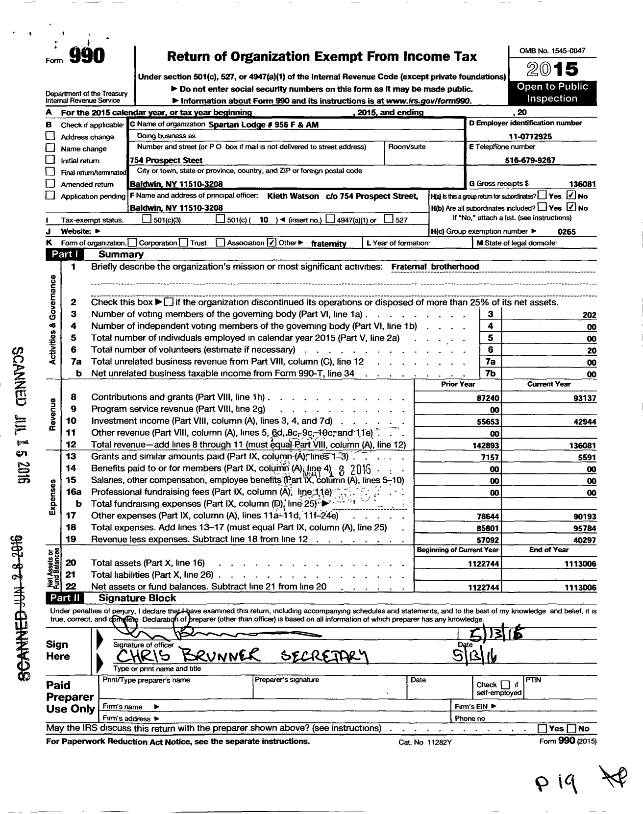 Image of first page of 2015 Form 990O for Free and Accepted Masons of New York - 956 Spartan Lodge