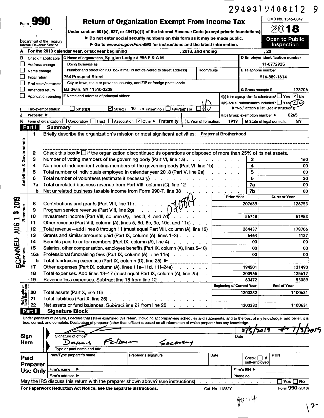 Image of first page of 2018 Form 990O for Free and Accepted Masons of New York - 956 Spartan Lodge