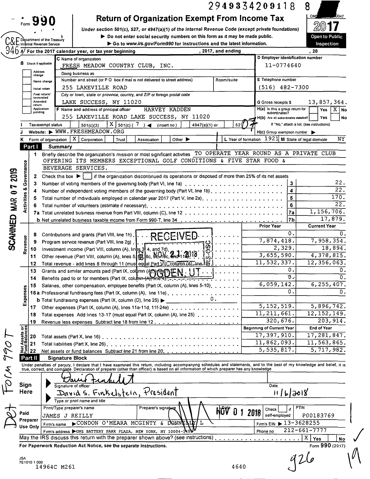 Image of first page of 2017 Form 990O for Fresh Meadow Country Club