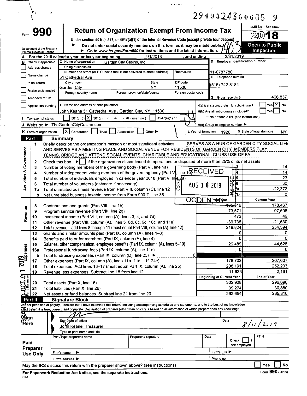 Image of first page of 2018 Form 990O for Garden City Casino
