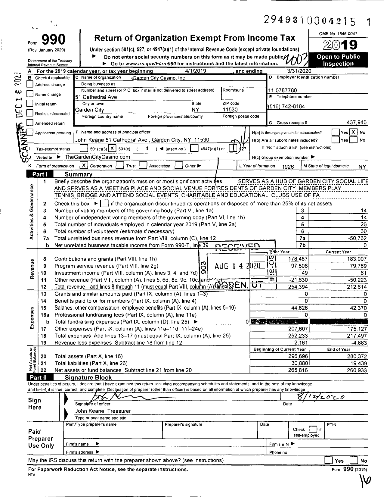 Image of first page of 2019 Form 990O for Garden City Casino