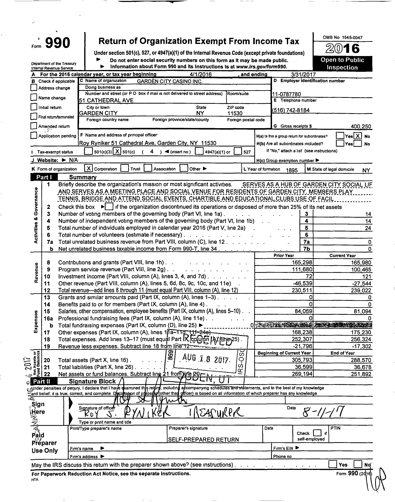 Image of first page of 2016 Form 990O for Garden City Casino