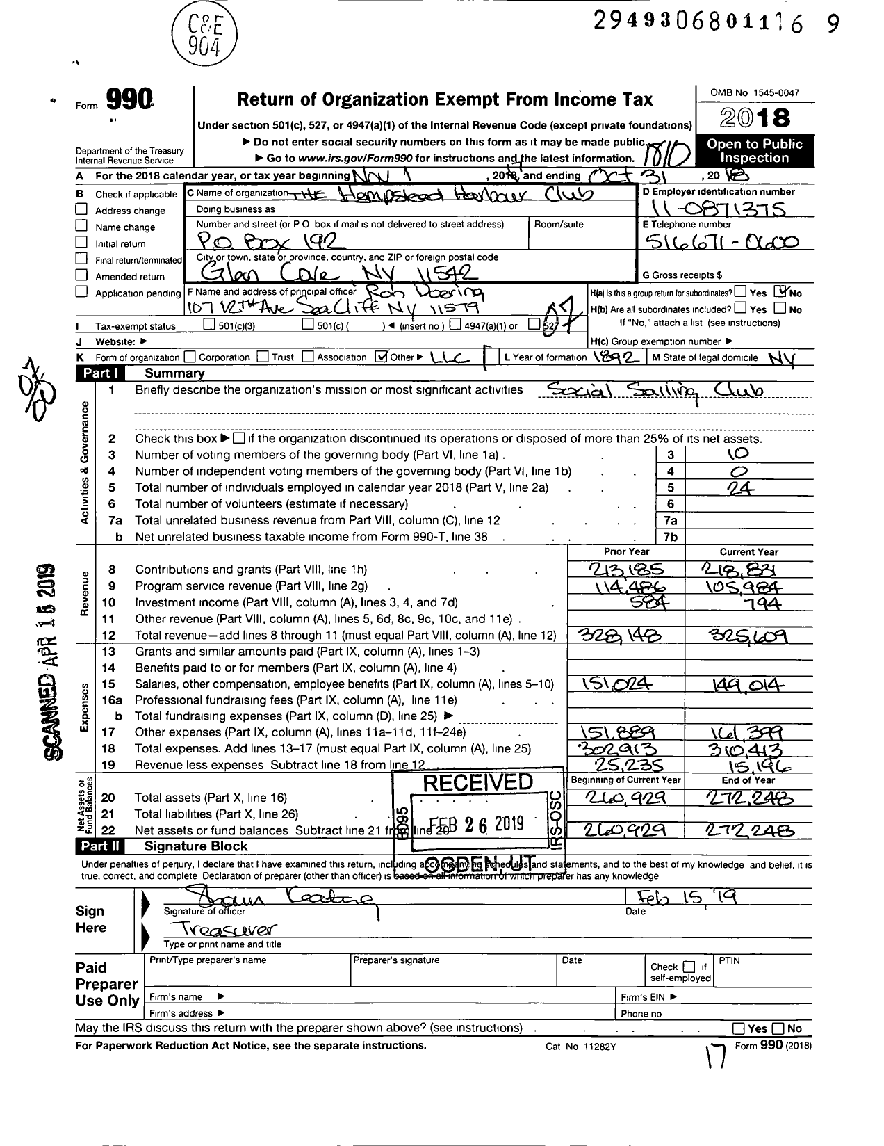 Image of first page of 2017 Form 990O for Hempstead Harbour Club