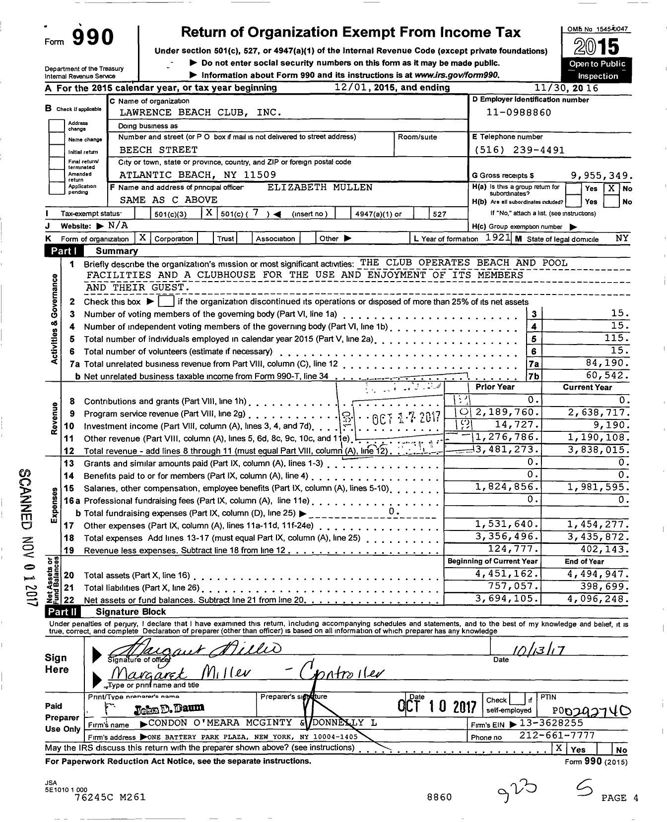 Image of first page of 2015 Form 990O for Lawrence Beach Club