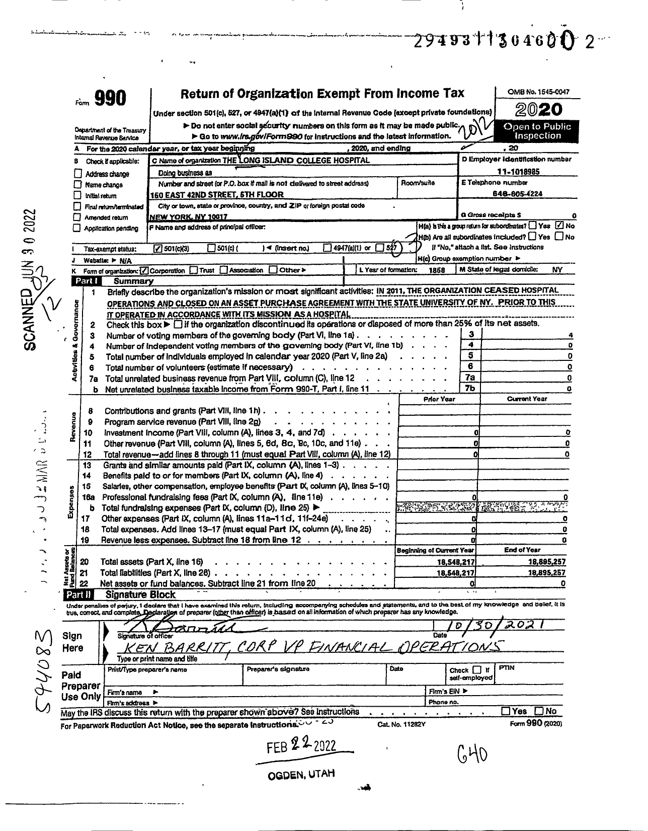 Image of first page of 2020 Form 990 for Long Island College Hospital