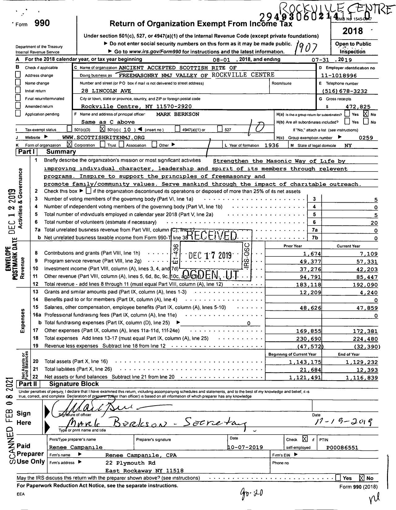 Image of first page of 2018 Form 990O for Scottish Rite, NMJ - Valley of Rockville Centre