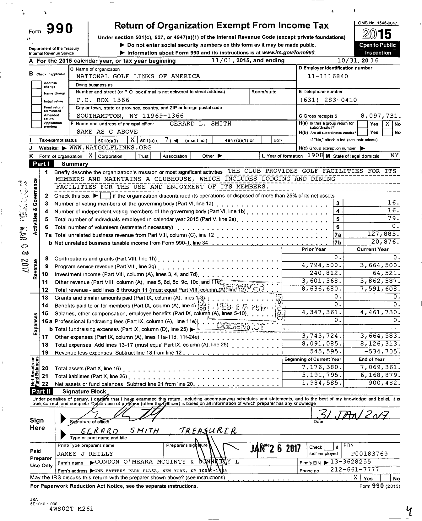 Image of first page of 2015 Form 990O for National Golf Links of America