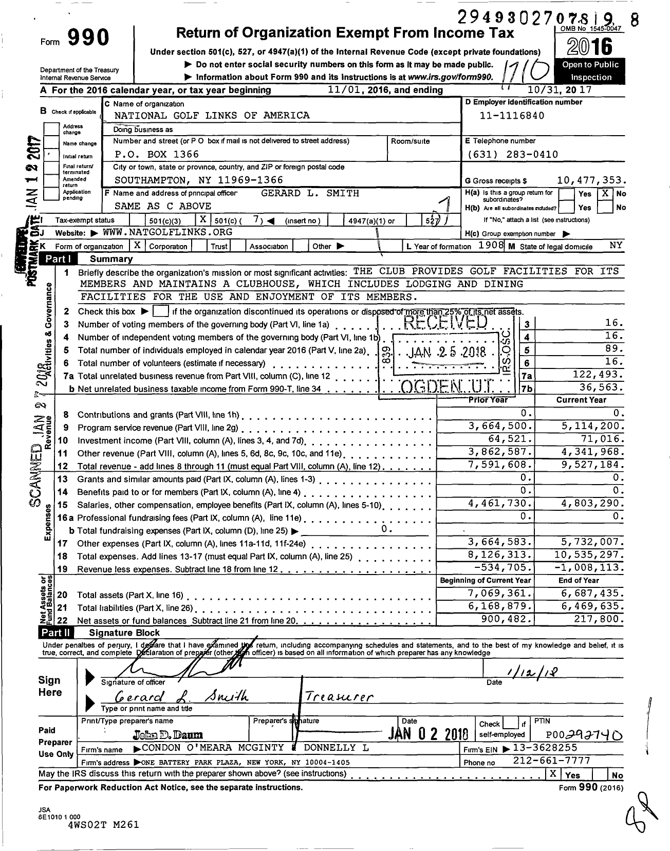 Image of first page of 2016 Form 990O for National Golf Links of America