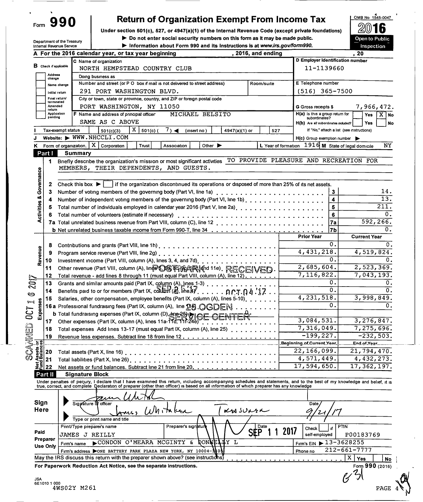 Image of first page of 2016 Form 990O for North Hempstead Country Club