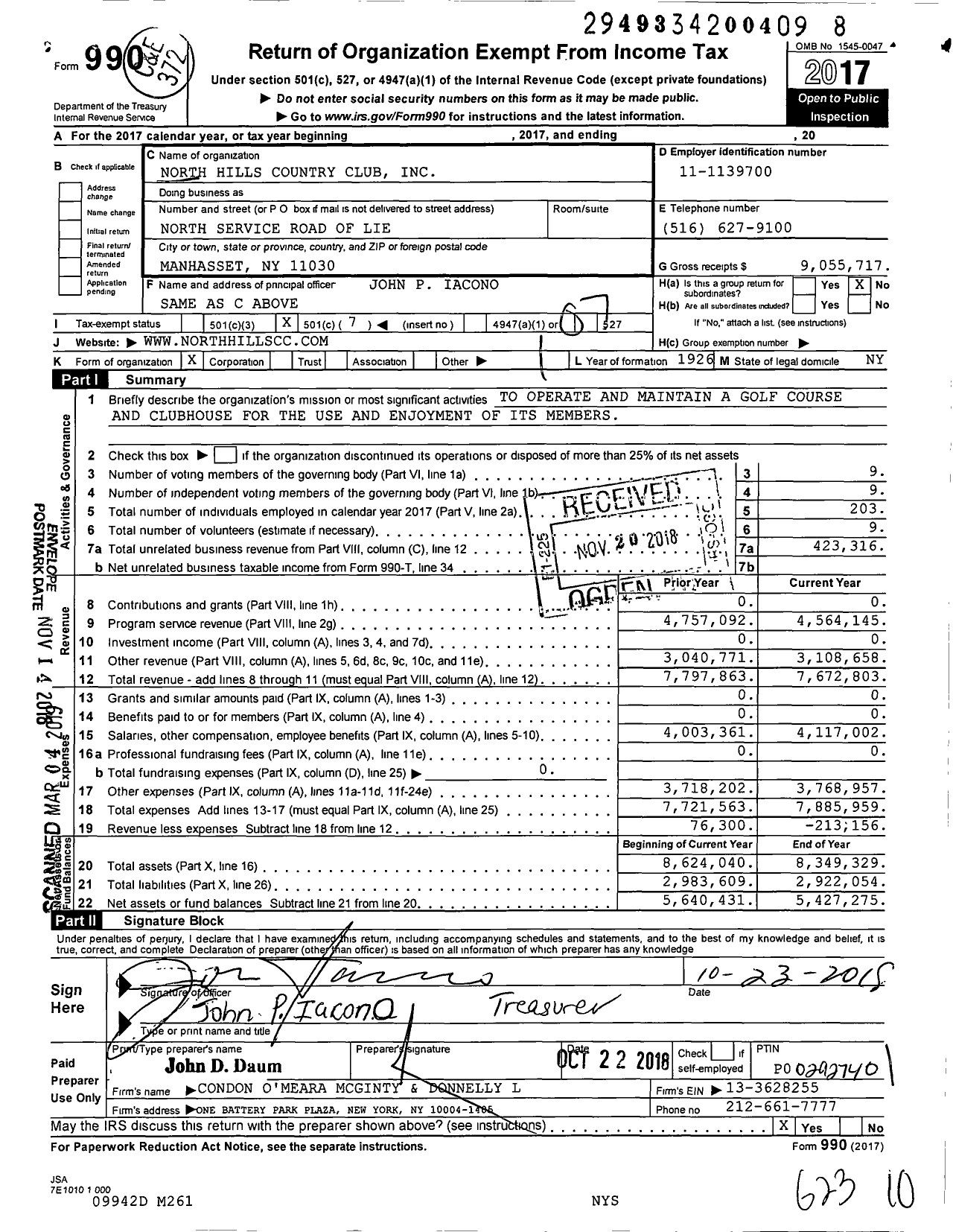Image of first page of 2017 Form 990O for North Hills Country Club