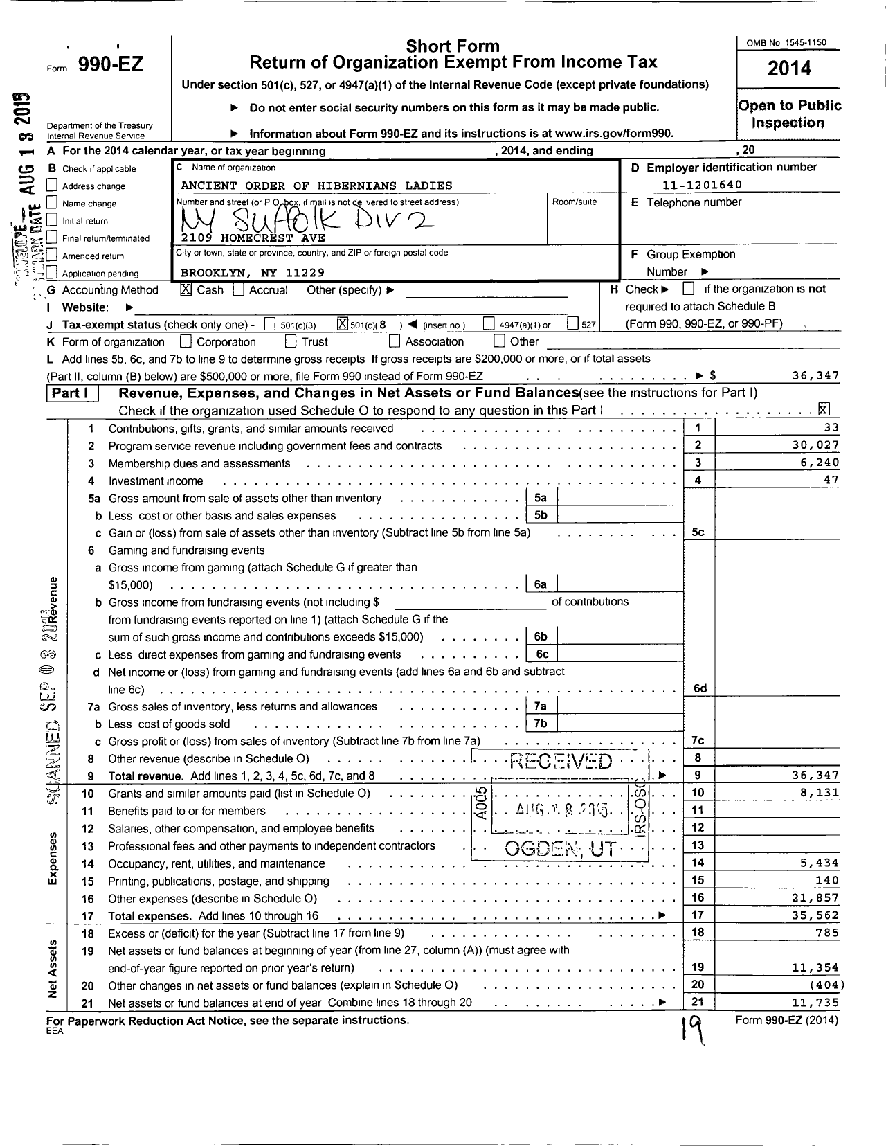 Image of first page of 2014 Form 990EO for Ancient Order of Hibernians Ladies / 2 Division Deer Park