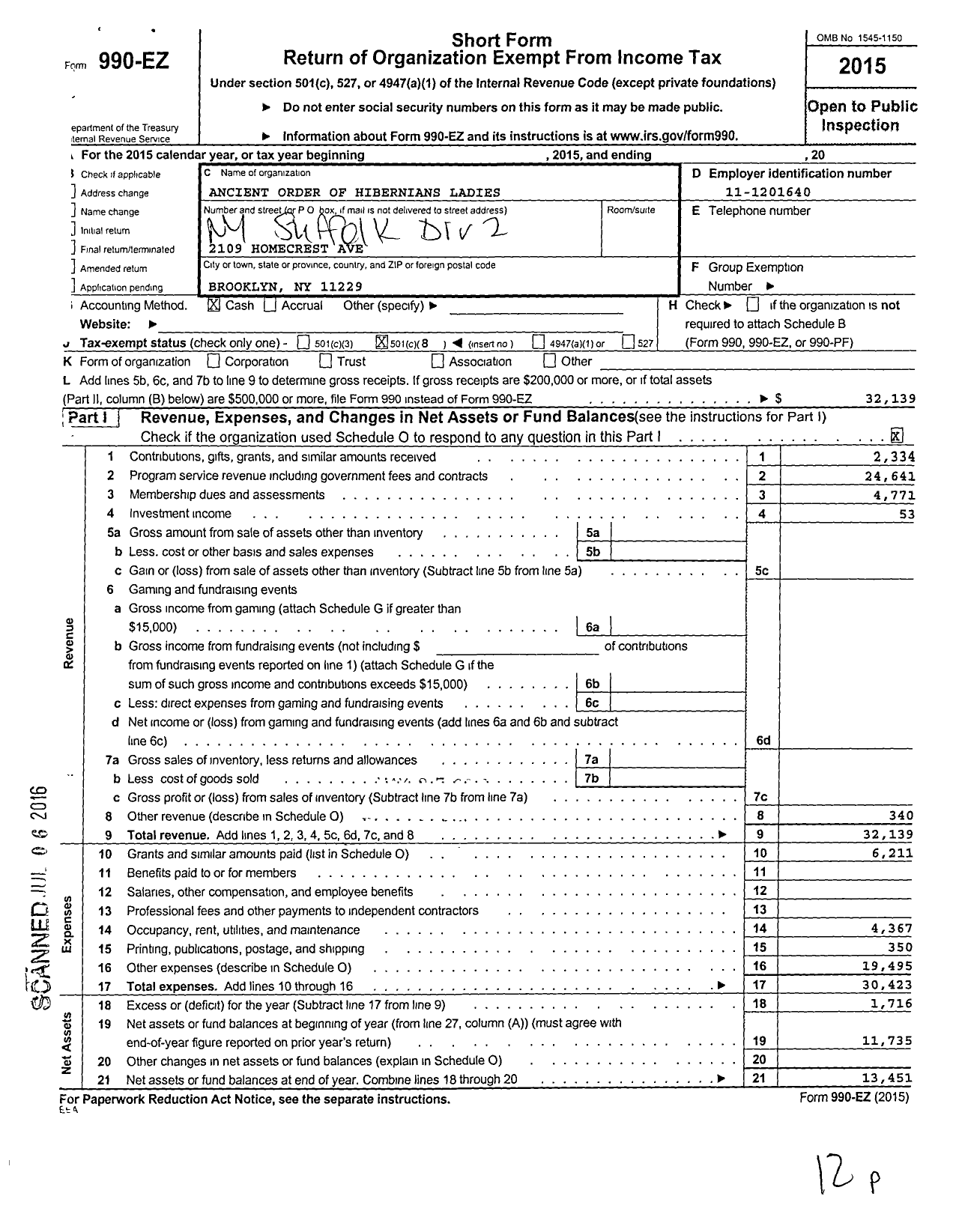 Image of first page of 2015 Form 990EO for Ancient Order of Hibernians Ladies / 2 Division Deer Park