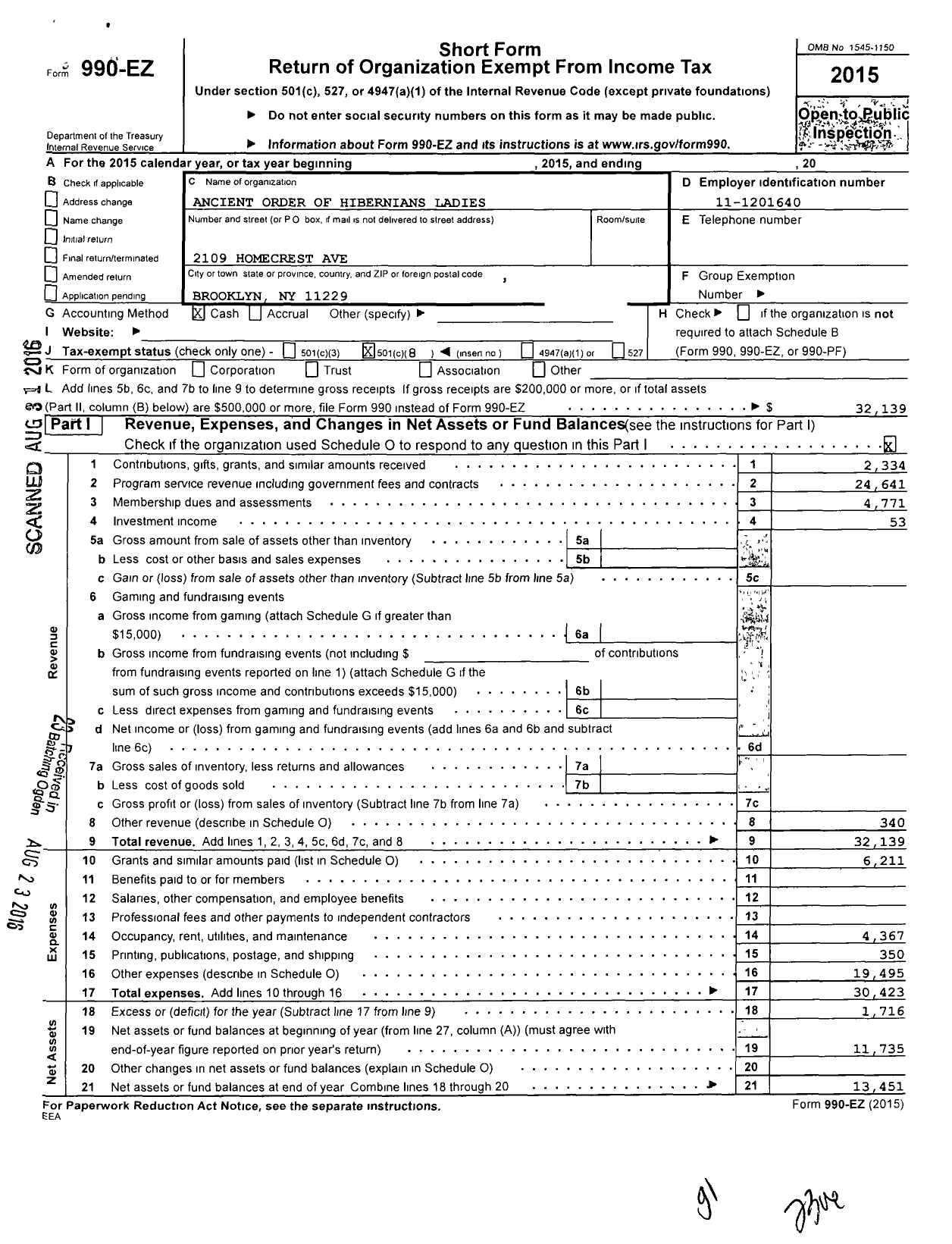 Image of first page of 2015 Form 990EO for Ancient Order of Hibernians Ladies / 2 Division Deer Park