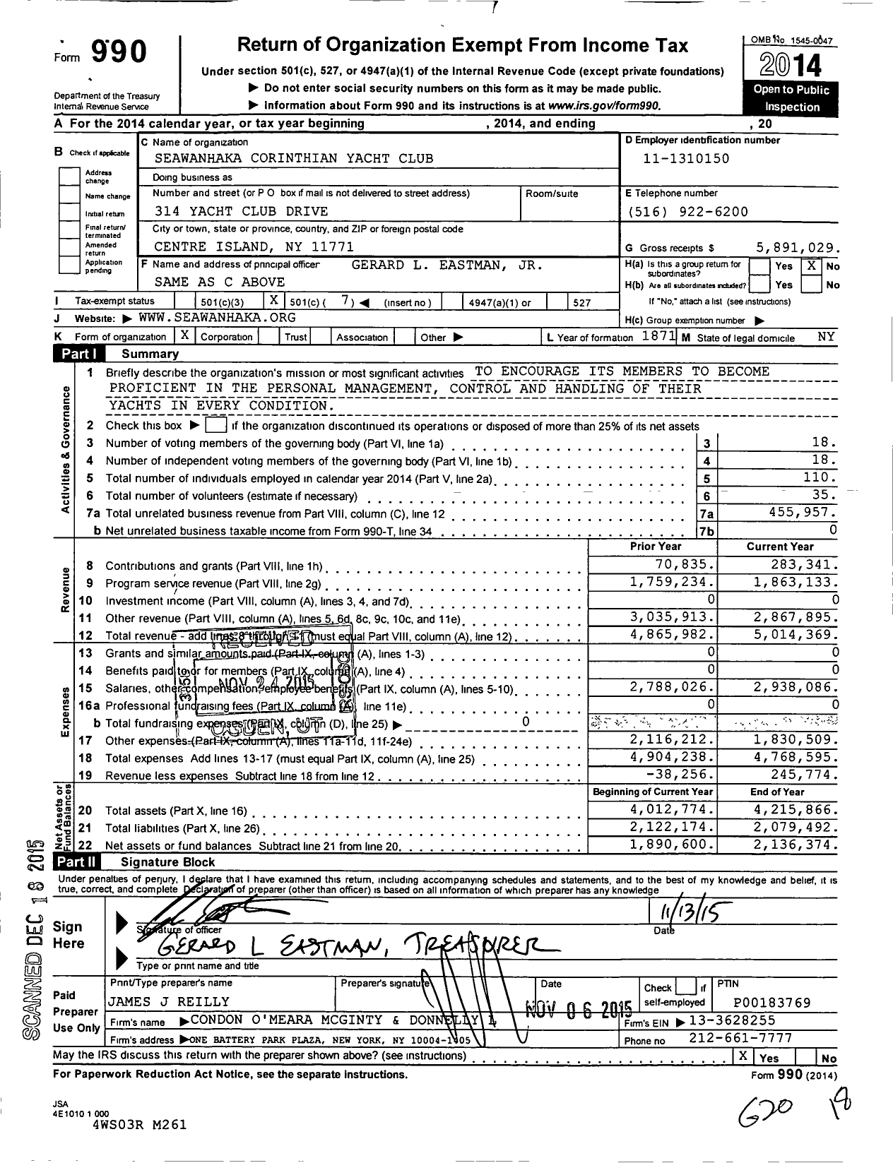 Image of first page of 2014 Form 990O for Seawanhaka Corinthian Yacht Club